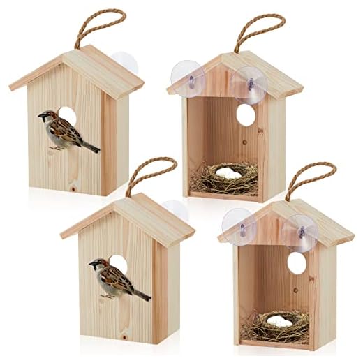 4 Pcs Wooden Window Bird Feeders for Outside Window Bird Houses for Viewing See Through Wooden Birdhouse Outdoors Transparent Design Bird Nest with Strong Suction Cups for Garden Easy Observation