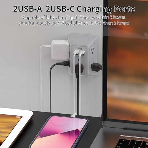 Multi Plug Outlet Surge Protector, Lvetek Outlet Extender with 5 Outlet and 4 USB Ports(2 USB C), 3-Sided Multiple-Plug Outlet Splitter Wall Charger for Home Travel Office,ETL Listed,Grey