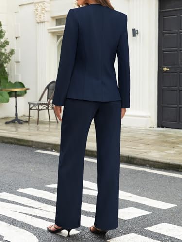 Women's 2 Piece Business Casual Outfits Crew Neck Button Down Blazer Wide Leg Dressy Pants Suit Sets4