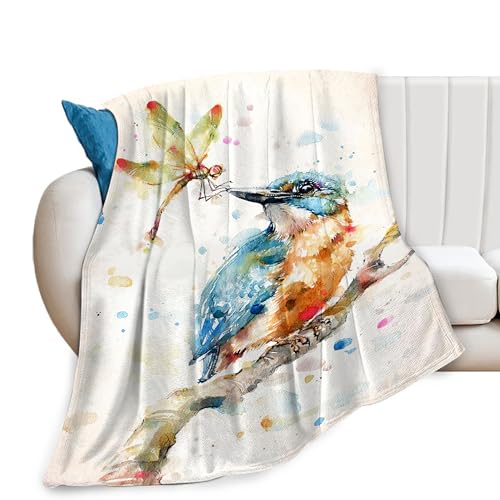 Image of Waterpainted Birds Blanket Bird Dragonfly Decor Throw Blanket Gifts for Girls Boys Bird Lover Super Warm Soft Plush Lightweight Fleece Flannel Blanket Bedding Blanket for Kids Adults Men Women 50"X40"