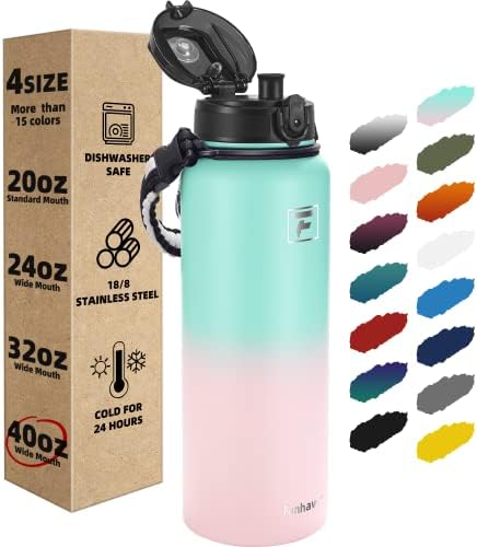 Fanhaw Insulated Water Bottle with Chug Lid - 40 Oz Double-Wall Vacuum Stainless Steel Reusable Leak & Sweat Proof Sports Water Bottle Dishwasher Safe with Anti-Dust Wide Mouth Lid (Green Pink)