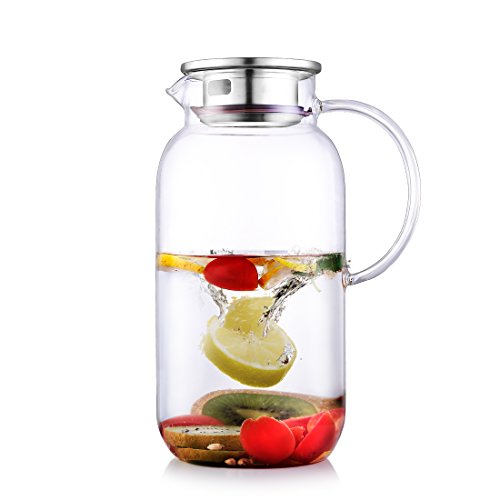 Glass Pitcher 85 Ounces with Stainless Steel Lid,Hot/Cold Water Pitcher with Handle for Juice Coffee Ice Tea Beverage Safe Borosilicate Jug