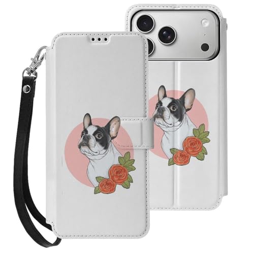 iPhone17 Pro Max用ケース 花 かわいい ボストンテリア アニメ アイフォン17 Pro Max用ケース 手帳型 財布型 PUレザー おしゃれ スマホケース カード収納 スタンド機能 ワイヤレス充電対応 兼用ケース 贈り物