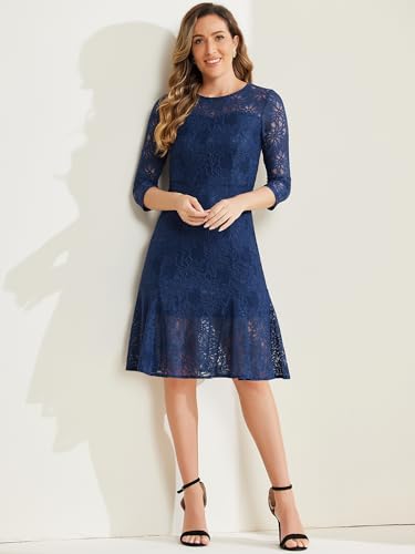 Image of Allegra K Women Elegant Lace Ruffles 3 /4 Sleeves Bodycon Fishtail Dress | Slightly stretchy. Invisible zipper. Floral ruffled hem. Cocktail, Evening, Party, Date. Feminine charm.