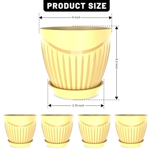 Image of ELUVIA Plastic Plant Pots with Drainage Holes and Trays - Set of 5 (6 Inch) - Minimalist Decorative Indoor Flower Pots for Living Room, Balcony & Office Garden (Yellow)