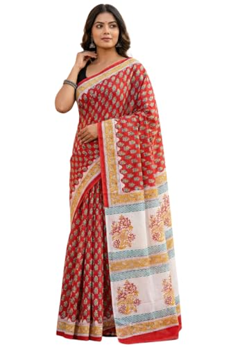 Image of Mulmul Cotton Saree for Women with Blouse Piece | Ajark Sarees | Hand Block Prints Sari | Bagru Print | Soft Mul Cotton Sadi