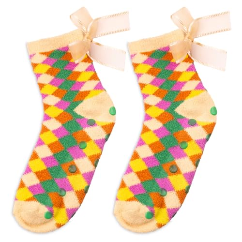 ban.do Non Slip Socks, Fuzzy Socks for Women Size 6-10, Crew Socks with Grippers (Checkered)