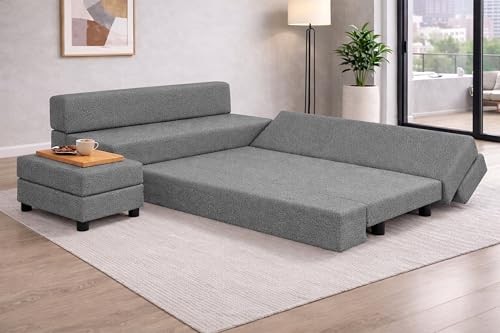 Image of Rosebell 3+2 Convertible Leg Sofa Cum Bed Set with Ottoman Foldable Modular Seating & Sleeper ? Space Saving Living Room Furniture Jute Fabric-Grey