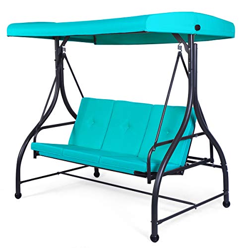Tangkula 3 Seats Converting Patio Swing, Outdoor Porch Garden Canopy Swing With Comfortable Cushion Seats & Adjustable Tilt Canopy, Heavy Duty Hammock 3 Persons Porch Swing (Turquoise) #TOP21