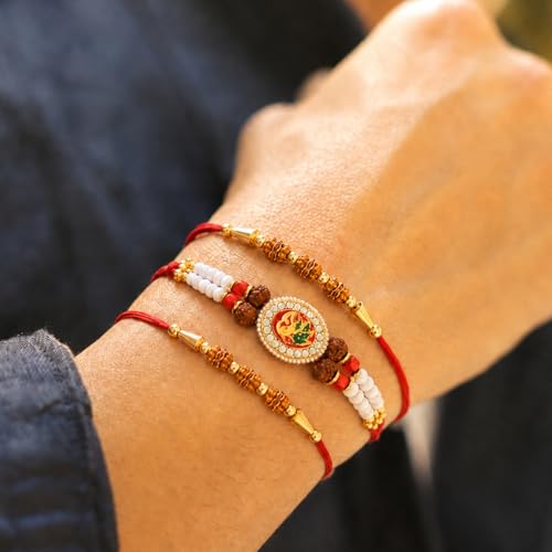 Image of Peora Rakhshabandhan Thread Rakhi for Brother Bhaiya | Crystals & Kundan Studded | Combo, Set of 3 | Rakhi Hamper with Roli Chawal & Greeting Card
