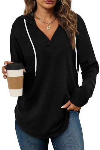 Cuptacc Kapuzenpullover Damen Mit Kordelzug Hoody Damen Mit Kapuze V Ausschnitt Pullover Elegant Tshirt Schwarz 3XL 54-56 Cuptacc Kapuzenpullover Damen Mit Kordelzug Hoody Damen Mit Kapuze V Ausschnitt Pullover Elegant Tshirt Schwarz 3XL 54-56