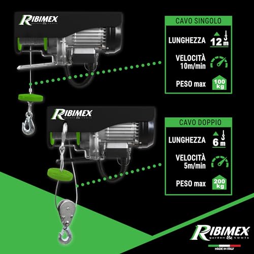 Ribimex Paranco Elettrico da 100/200 Kg con Puleggia, Motore Monofase da 480 W, Cavo in Acciaio di 12 m, Velocità di Sollevamento Fino a 10 m/min per Uso Domestico e Industriale - PE100/200PT - 4