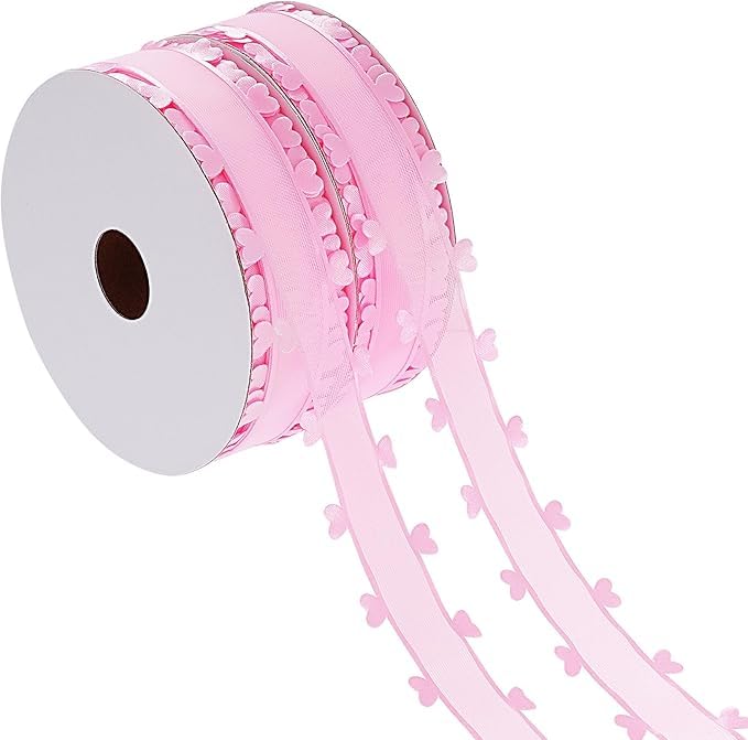 2 PCS Ruban Satin Coeur, 25MM x 18M en Organza et Tulle, Décoration pour Mariage, Voiture, Nœud, Fête, Emballage Cadeau - Rose + Rose