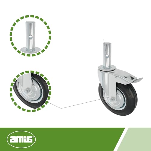 Amig - Bockrolle für Gerüst | Mit Bremse | Ø200 mm | Maximale Belastung: 200 kg | Metallkern und Gummibeschichtung | Rollenlager | Speziell für den industriellen Einsatz konzipiert | Schwarz.