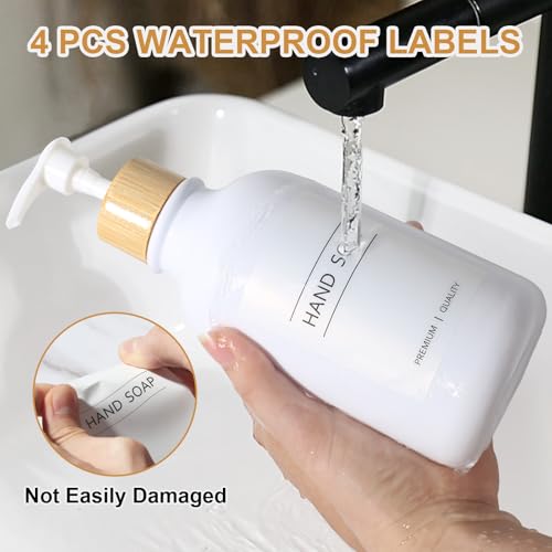 Image of KASUNTING White Soap Dispenser, 2 Pack Plastic Bathroom Hand Soap and Lotion Dispenser Set with Bamboo Pump, 17 Fl Oz Hand and Dish Soap Dispensers Set for Kitchen, Refillable Liquid Soap Bottles