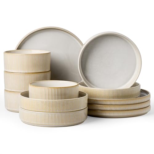 Image of Famiware Star 12-Piece Stoneware Dinnerware Set for 4 - Dinner Plates, Pasta Bowls, Cereal Bowls, Dishes for Everyday & Formal Use, Chip /Scratch Resistant, Microwave /Dishwasher Safe, Cappuccino White
