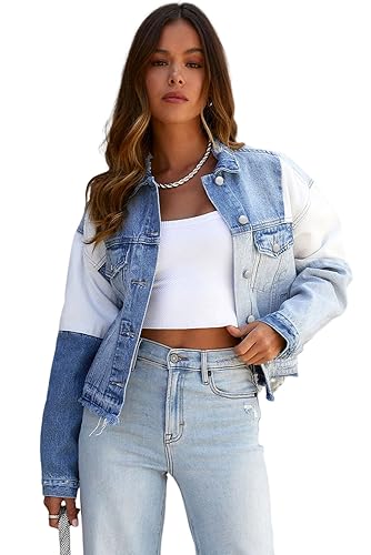 Meufam Womens Denim Jacket Shacket Distressed Jean Jacket Casual Patchwork Fashion Color Block Button Down Coat