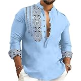 DEELMO Kurta corta casual de manga completa con cuello mandarín para hombre de mezcla de algodón, Azul claro, M