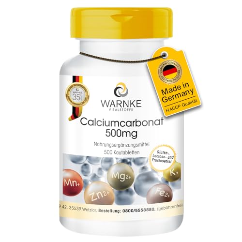 Calcium Tabletten - hochdosiert & vegan - aus Calciumcarbonat - 200mg Calcium pro Tablette - 500 Kautabletten - Großpackung | Warnke Vitalstoffe - Deutsche Apothekenqualität Calcium Tabletten - hochdosiert & vegan - aus Calciumcarbonat - 200mg Calcium pro Tablette - 500 Kautabletten - Großpackung | Warnke Vitalstoffe - Deutsche Apothekenqualität