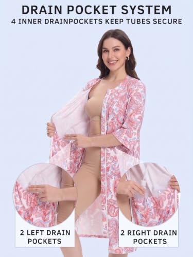 Image of Women's Post Surgery Robe with Drain Pockets Mastectomy Recovery Robe Front Zipper Hospital Gown Pajamas Gift