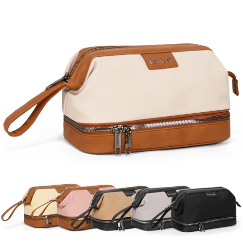 Lemuvlt Double-Layer Toiletry Bag, Water-Resistant Hybrid Leather Cosmetic Organizer with Wet/Dry Compartments, 26x15x16cm (Ivory, Double layer)