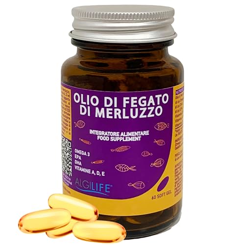 Olio di Fegato di Merluzzo, Integratore Omega 3 Capsule Softgel con DHA, EPA e Vitamine A D E. Fish Oil per Benessere di Cuore, Cervello e Ossa, Cod Liver Oil Omega3 (60 Capsule Scorta 1-2 Mesi)
