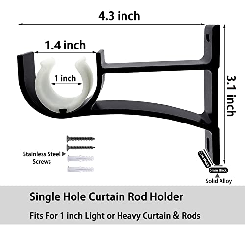 6 Pack Curtain Rod Bracket, Heavy Duty Curtain Rod Holders Hooks Wall Mounted Single Curtain Brackets Rod Hanger Support for 1 to 1.2 Inch Diameter Rod, Black