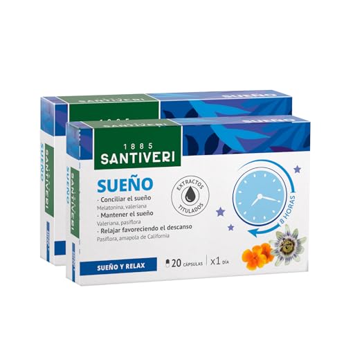 SANTIVERI - Sueño, Complemento Alimenticio a Base de Melatonina y Extractos de Escutelaria, Amapola de California, Valeriana y Pasiflora, Ayudan a Conciliar el Sueño - 2 x 20 Cápsulas