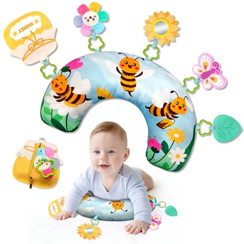 BOHEMIABY Biene Baby Tummy Time Kissen Niedlich Bauchlage Kissen Baby Sensorik Spielzeug mit Abnehmbarer Sonnenblumenspiegel Honigtopf Reißverschlusstasche Für Kinder von 0-24 Monaten