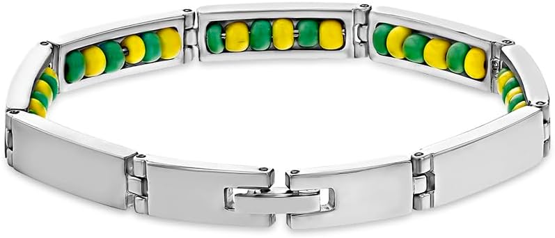 In Season Jewelry Stainless Steel Link Green & Yellow Beads Orula Babalawo Bracelet for Adults