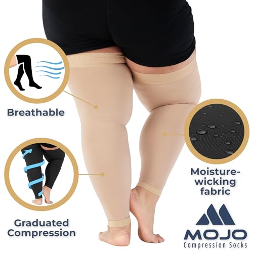 Image of Mojo Compression Socks - 20-30mmHg Graduated Support Thigh-Hi Leg Sleeves with Grip Top - Reduces Swelling, Ideal for Varicose Veins, Lymphedema, DVT Treatment - 1 Pair | Grip top, unisex, supports circulation, varicose veins, swelling, lymphedema, pregnancy, nursing, travel, post surgery, A609
