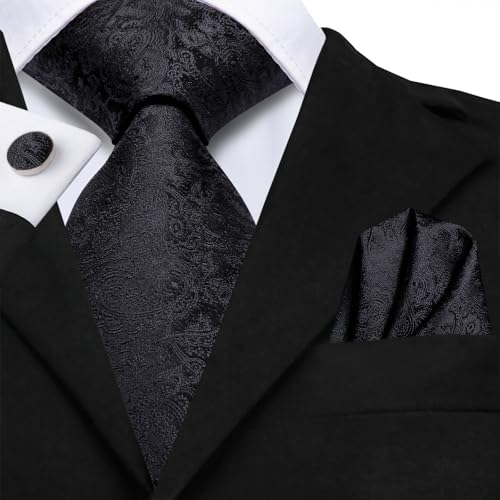 Image of Hi-Tie Paisley Floral Ties Set for Men Silk Mens Stripes Necktie Pocket Square Cufflinks Set Formal Business
