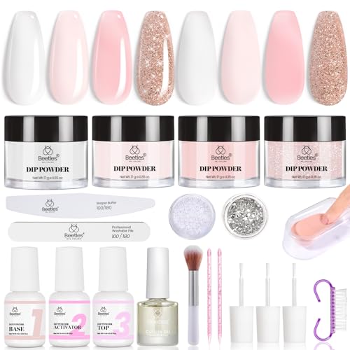 Beetles Dip Powder Nail Kit, 4 Colors Nude White Pink Glitter