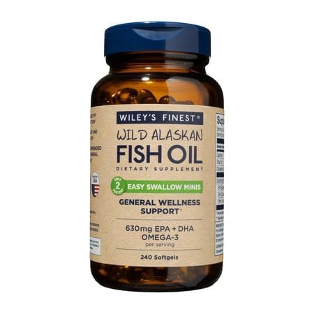 Wileys Finest Wild Alaskan Fish Oil Easy Swallow Minis - Omega-3 Fish Oil Supplement for Adults and Kids - Double-Strength 630mg EPA and DHA Natural Supplement - 240 Mini Softgels (120 Servings)