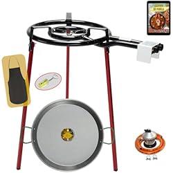 Paellero Con Ruedas COMBOI - Kit Paellero-Quemador de gas butano 40 cm, paellera de 46 cm, Regulador de gas, Manguera, Soporte de 3 Patas, nivel, delantal, libro de recetas digital (Kit Paellero 40 cm)