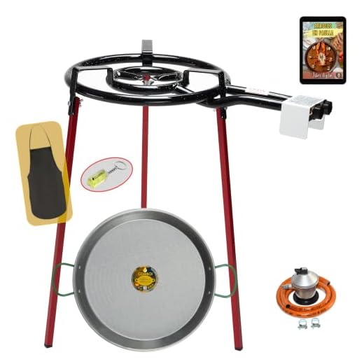 COMBOI - Kit Paellero-Quemador de gas butano 40 cm, paellera de 46 cm, Regulador de gas, Manguera, Soporte de 3 Patas, nivel, delantal, libro de recetas digital (Kit Paellero 40 cm)