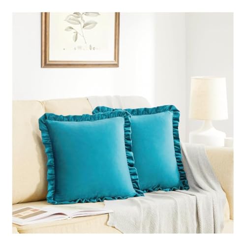Image of Velvet Teal 20x20 Pillow Covers, Set of 5 Decorative Ruffle Cushoin Pillow Covers for Sofa Couch