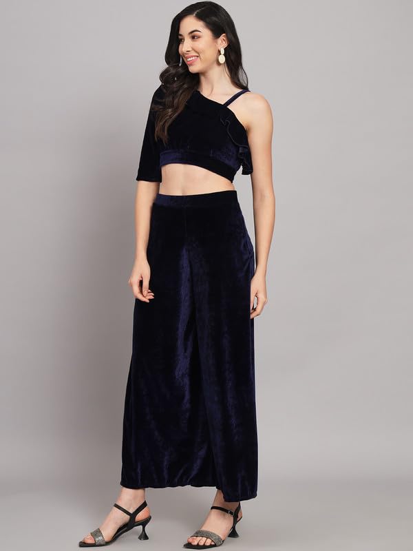 Image of Vaararo Velvet Co-Ords for Women | One Sleeve Crop Top with Palazzo Set Casual Party Dress