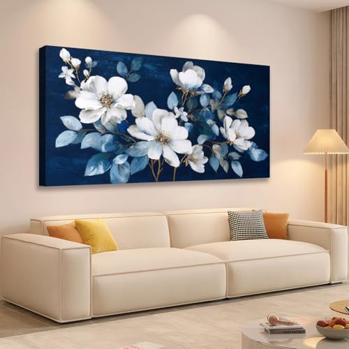 JLXART Large Flower Canvas Wall Art Modern White Floral with Blue Background Print for Living Room Office Home Decor,30X58inch by JLXART - Used condition - US$121.76