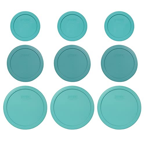 Pyrex (3) 7200-PC 2-Cup, (3) 7201-PC 4-Cup, and (3) 7402-PC 6/7-Cup Turquoise Lids - Made in USA