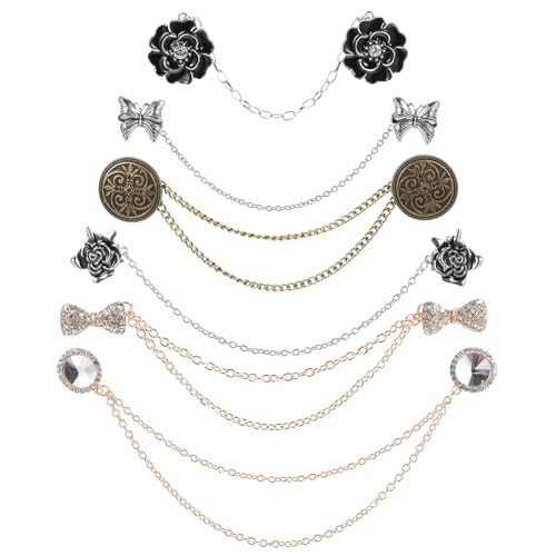 Image of Ptwola 6 Pcs Sweater Shawl Clip Chain Vintage Antique Retro Dresses Collar Holders Renaissance Style Rose Bowknot Brooch Flowers Cardigan Gold sliver Cloak Pin Decorations For Men Woman Girls