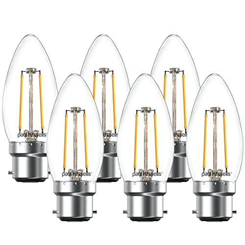 paul russells LED Candle Filament Light – 2.5W 25W Equivalent Replacement, 250LM Lumens, 2700K Warm White, BC B22 Bayonet Cap C35 Bulbs – Bright Energy Saving Non-Dimmable Lamps - Pack of 6