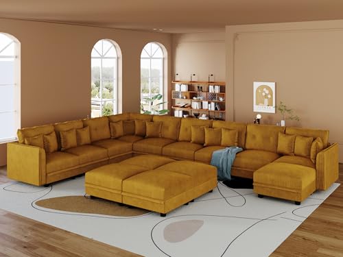 Image of LLappuil 14-Seat Modular Sectional Sofa with Storage, 163 inch Oversized U-Shaped Corduroy Couch with 10 Throw Pillows, Pet-Friendly Convertible Pit Sofa for Large Spaces, Skin-Friendly, Yellow