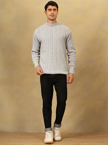 Image of Kvetoo Men's High Neck Cable Knit Sweater | Winter Pullover | Warm Wool Blend |Casual Full Sleeve Sweater for Men | Stylish Ribbed Neck Slim Fit Winterwear