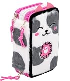 Julian Ross Estuche Escolar 3 Cremalleras Completo Niña - 46 Piezas Material Escolar - Plumier Triple con Bolígrafos Borrables, Diseño Gato Peluche Suave