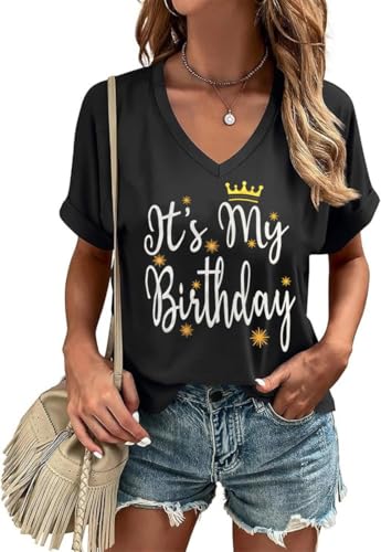 Women's It's My Brithday V Neck Shirt Funny Birthday Girl Crown Graphic Short Sleeve Tee Party Tops(XXL,01-Black2)
