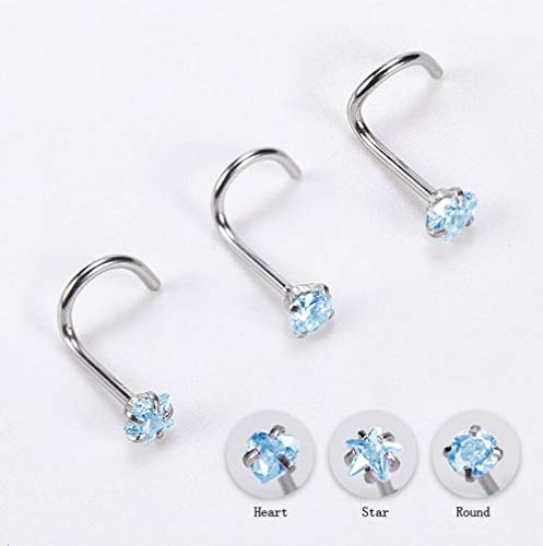 Upstore JJY45789 1Set/3Pcs(Round+Heart+Star) 20 Gauge/0.8Mm Curved Nose Rings Stainless Steel Nose Studs Cubic Zirconia Screw Piercing Tool Body Jewelry thumb #6