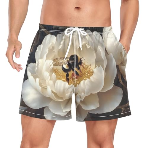 Mens Swim Trunks with Liner, Bee Floral White Cool Quick Dry Beach Swim Shorts, Swimwear Bathing Suits S