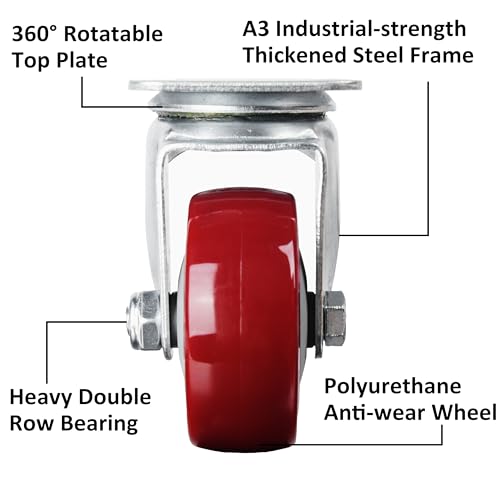 Finnhomy Swivel Casters Wheels Set of 4 Plate Casters 3 Inch Premium Polyurethane Wheels PU Load Bearing 1,200 Lbs Anti-wear Smooth Casters Red