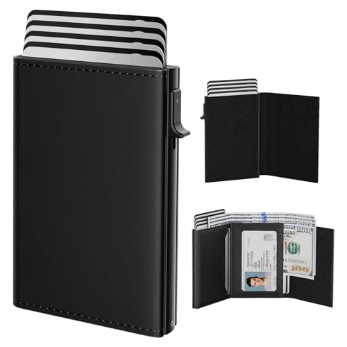 Image of typecase Mens Wallet Card Holder: Pop Up Aluminum Case, Genuine Leather, Smart, RFID Blocking, Slim, Minimalist, Front Pocket - 9-14 Card Capacity | ID Window | Cash Slot (Deep Black)